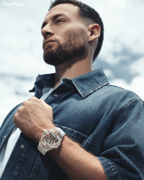 WATCH—Hublot Big Bang MP 11 Power Reserve 14 Days Sapphire OUTFIT—FENDI White Cotton T Shirt Blue Jeans Jacket