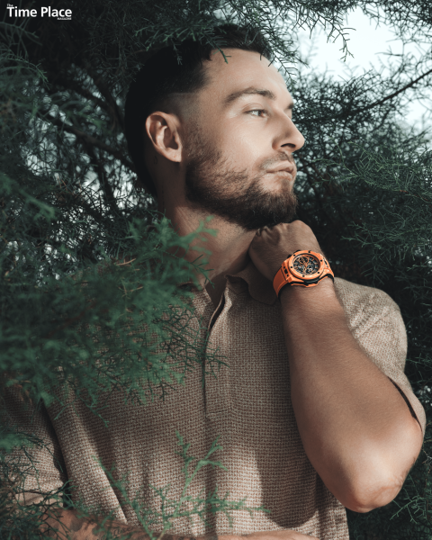 WATCH—Hublot Big Bang Unico Orange Ceramic OUTFIT—ZEGNA Dark Beige Cotton Linen and Silk Polo Shirt