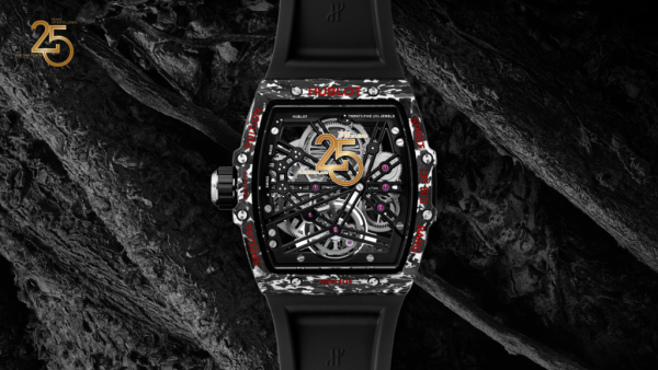 The transparent case back of the watch features an imprint of The Time Place 25 Years of Excellence