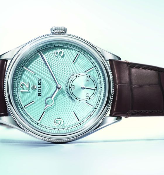 Perpetual 1908 with ice blue dial featuring a guilloche rice grain motif