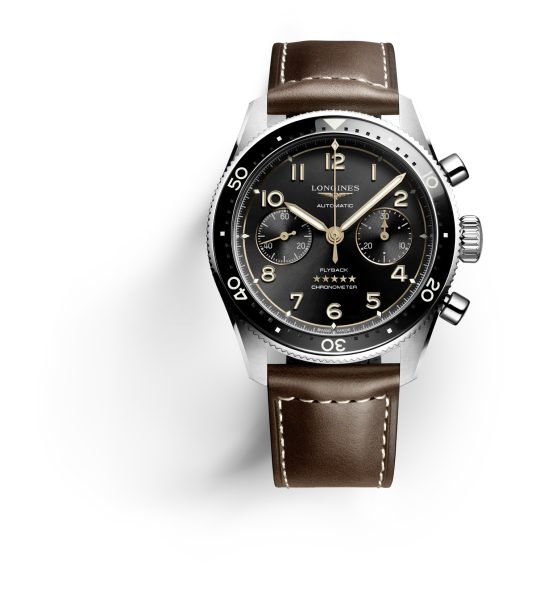 The Longines Spirit Flyback is complemented by a brown leather strap
